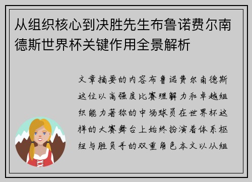 从组织核心到决胜先生布鲁诺费尔南德斯世界杯关键作用全景解析